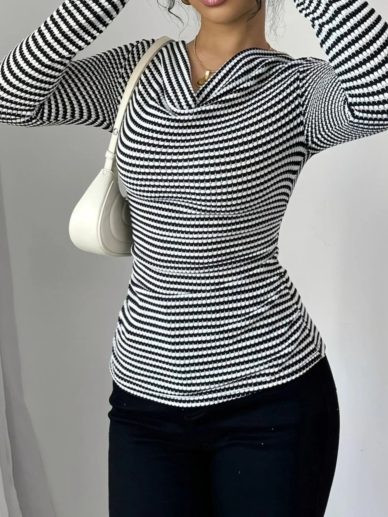 Striped Cowl Neck Long Sleeve T-Shirt - Blushé Belle