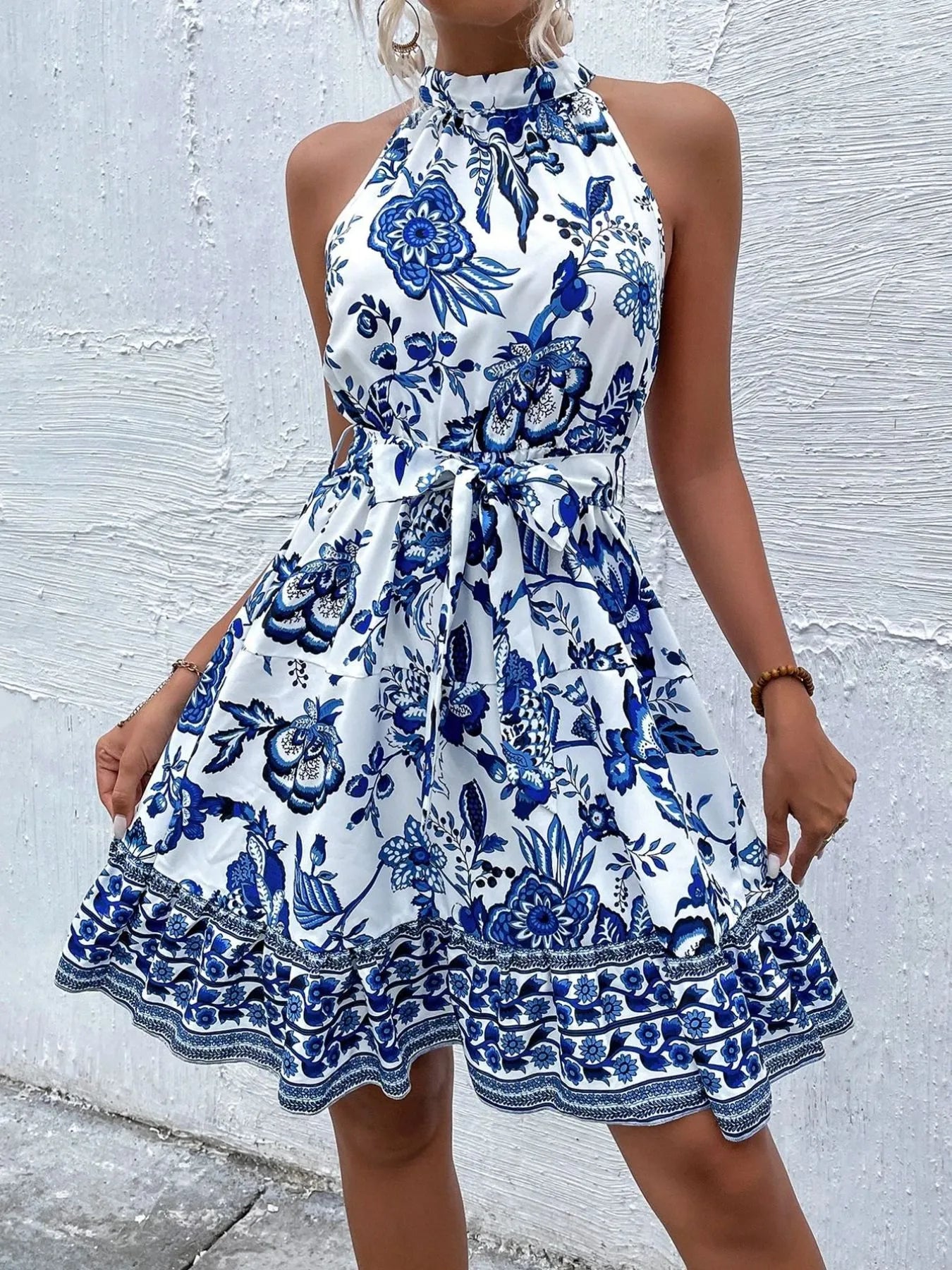Floral Halter Neck Summer Dress with Belt - Blushé Belle