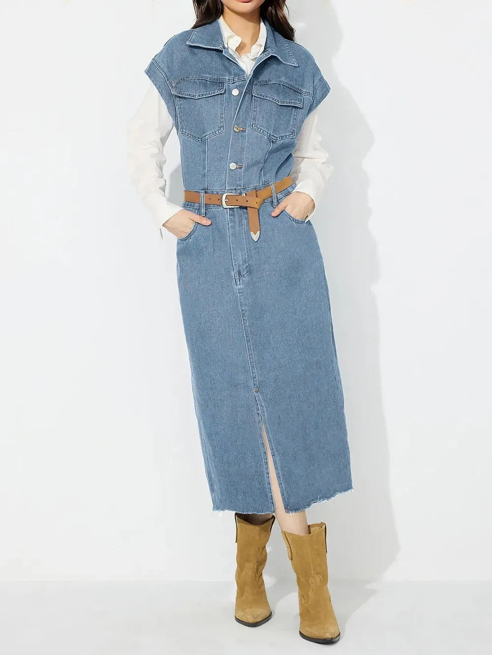 Slit Half Button Collared Neck Cap Sleeve Denim Dress - Blushé Belle