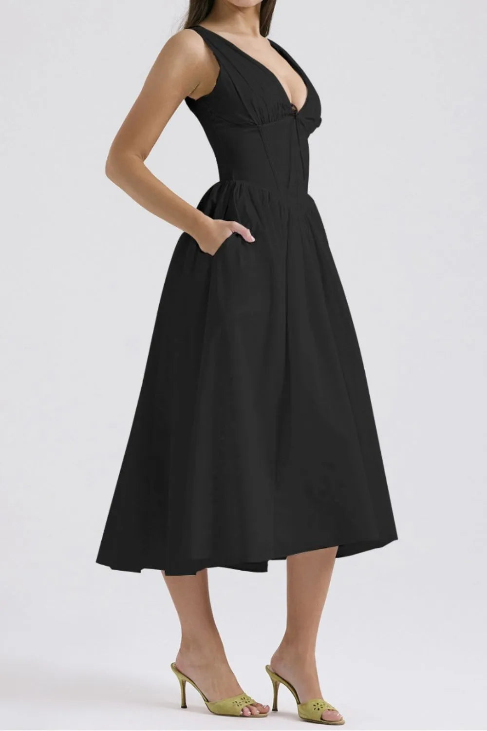 Ruched V-Neck Sleeveless Dress with Pockets - Blushé Belle