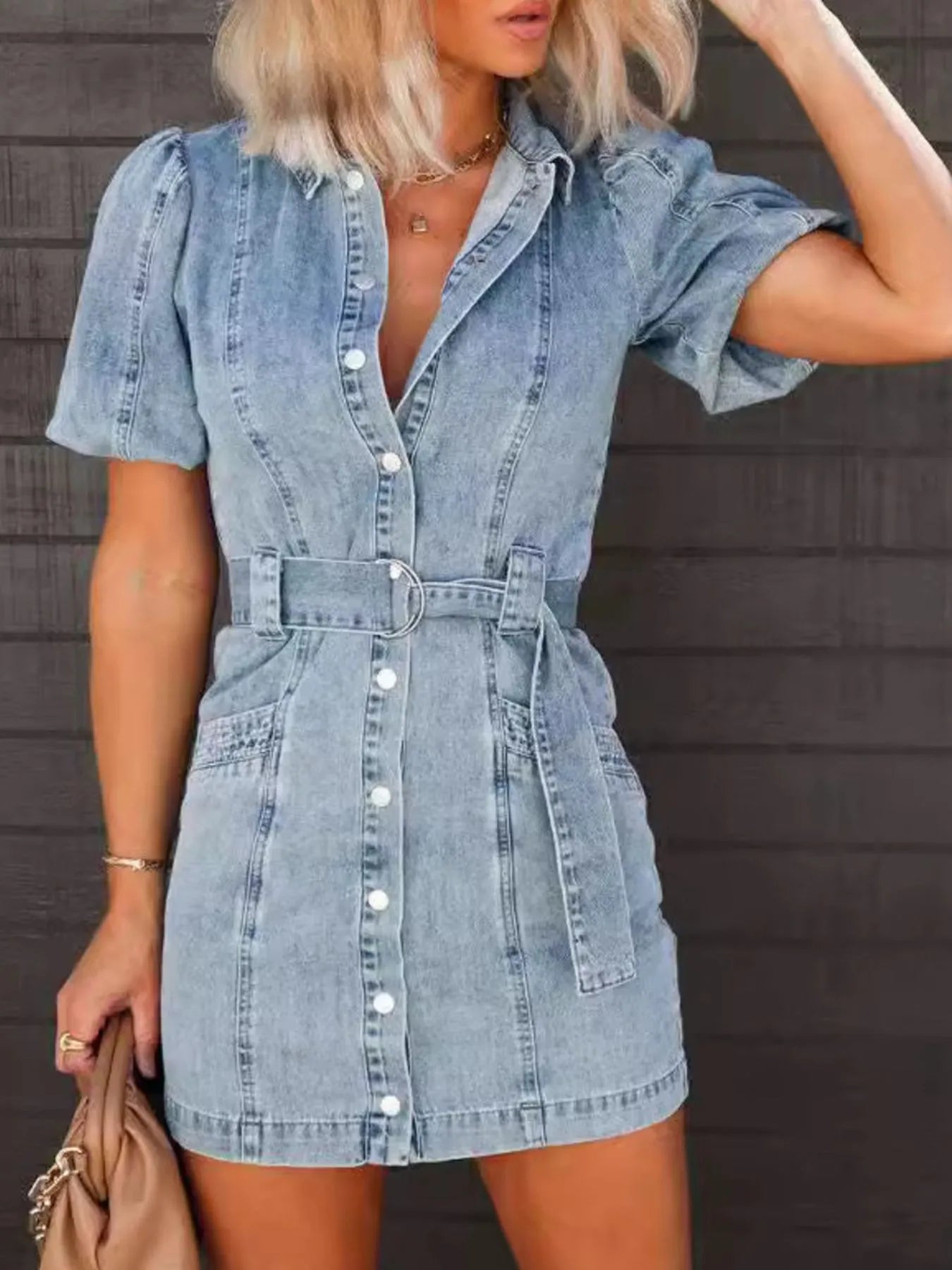 Button-Up Puff Sleeve Denim Shirt Dress - Blushé Belle