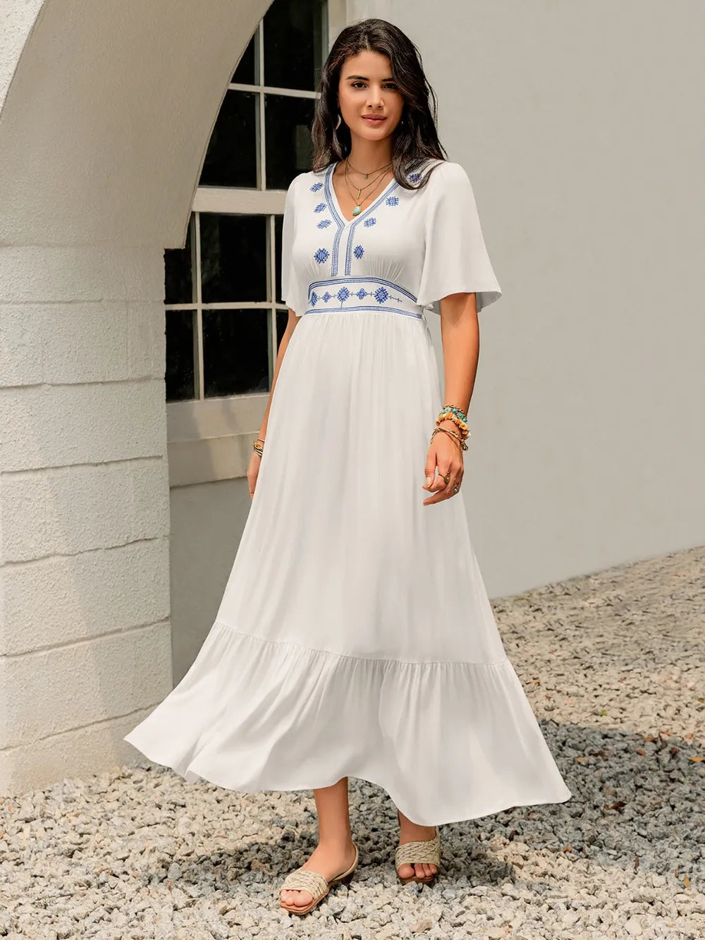 Ruffled Hem V-Neck Flutter Sleeve Dress - Blushé Belle