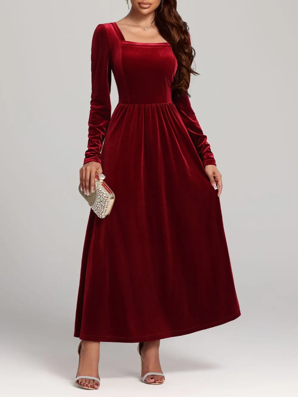 Velvet Square Neck Long Sleeve Dress - Blushé Belle