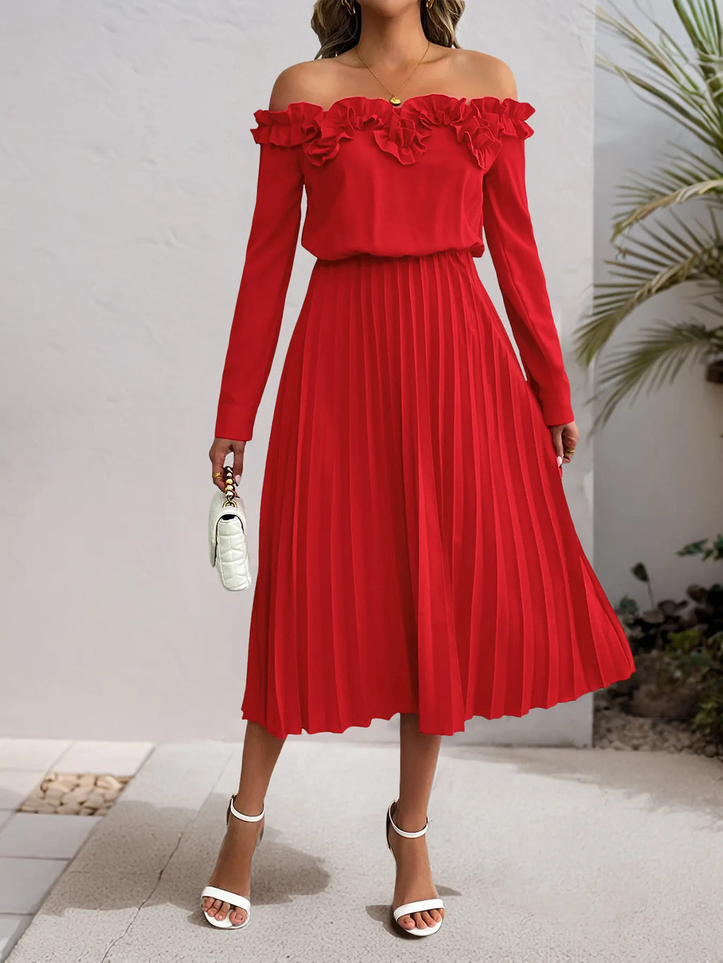 Off-Shoulder Ruffle Pleated Midi Dress - Blushé Belle