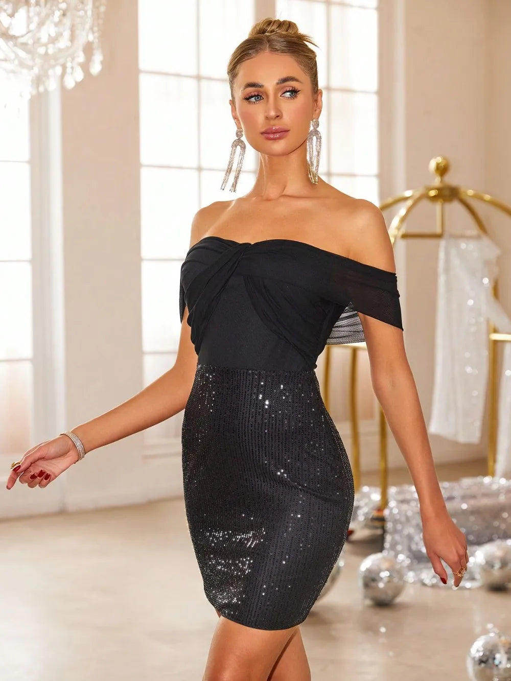Backless Sequin Off Shoulder Short Sleeve Dress - Blushé Belle