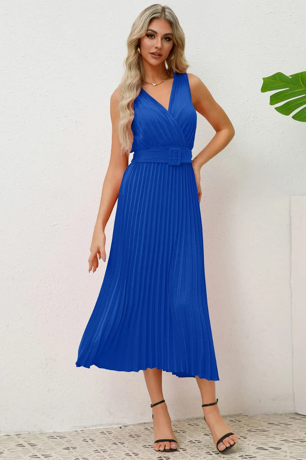 Surplice Sleeveless Midi Pleated Dress - Blushé Belle