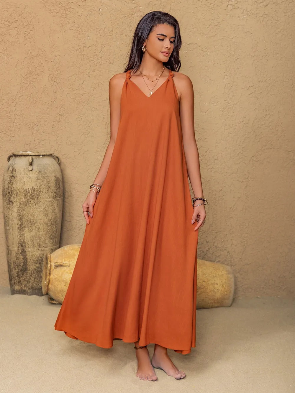 Ruched Twisted Back Sleeveless Maxi Cami Dress - Blushé Belle