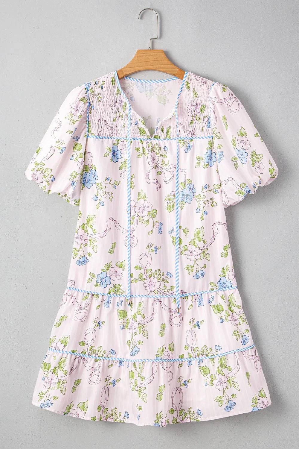 Printed Tie Neck Short Sleeve Mini Dress - Blushé Belle