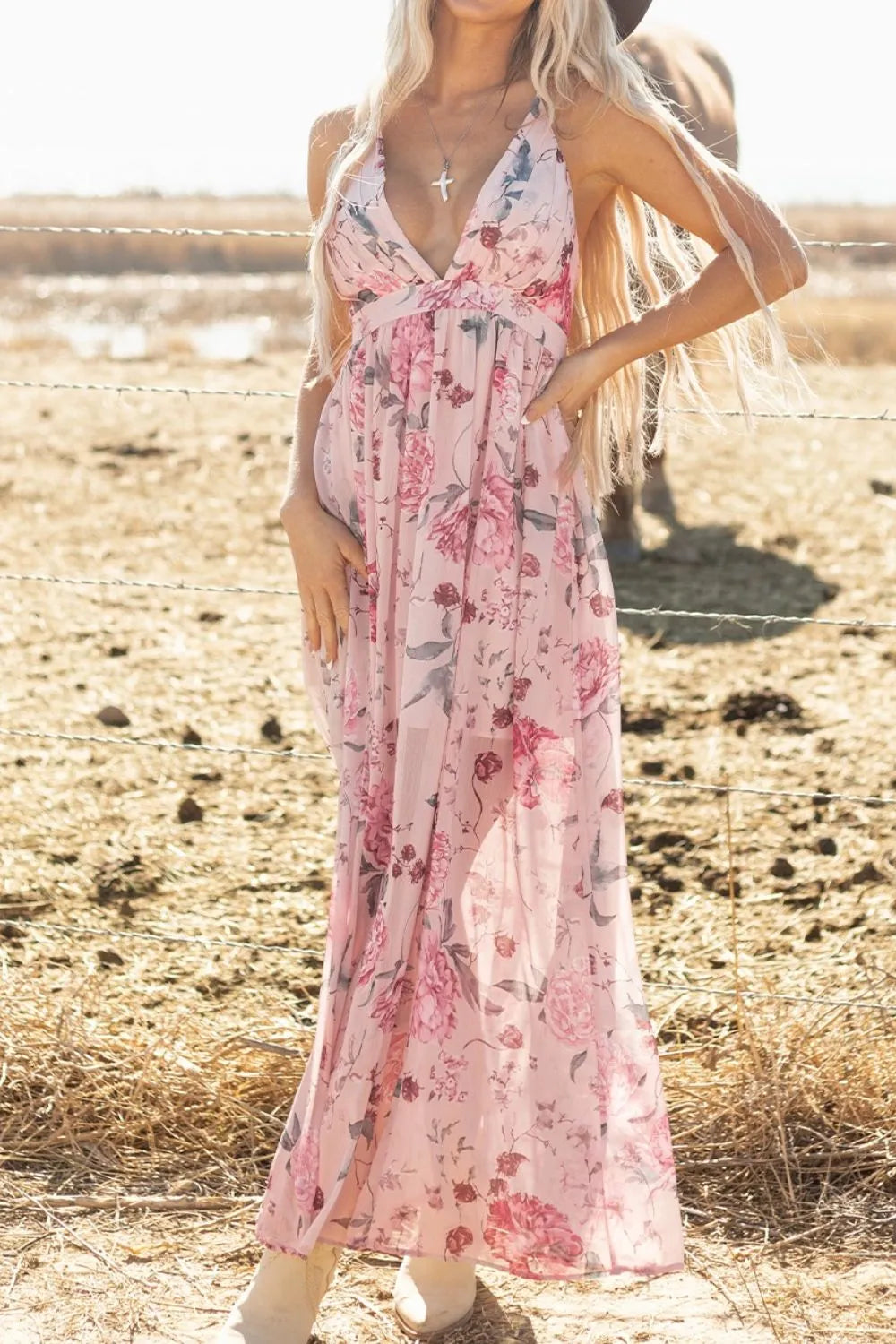 Floral Pleated Deep V Backless Maxi Dress - Blushé Belle