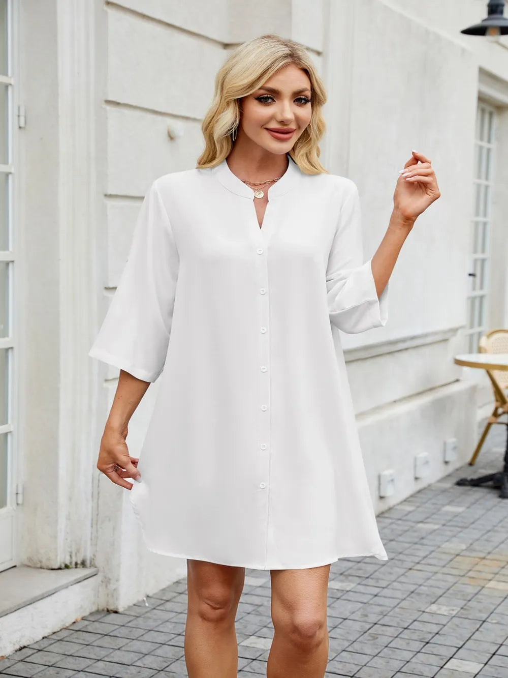 Notched Long Sleeve Mini Shirt Dress - Blushé Belle