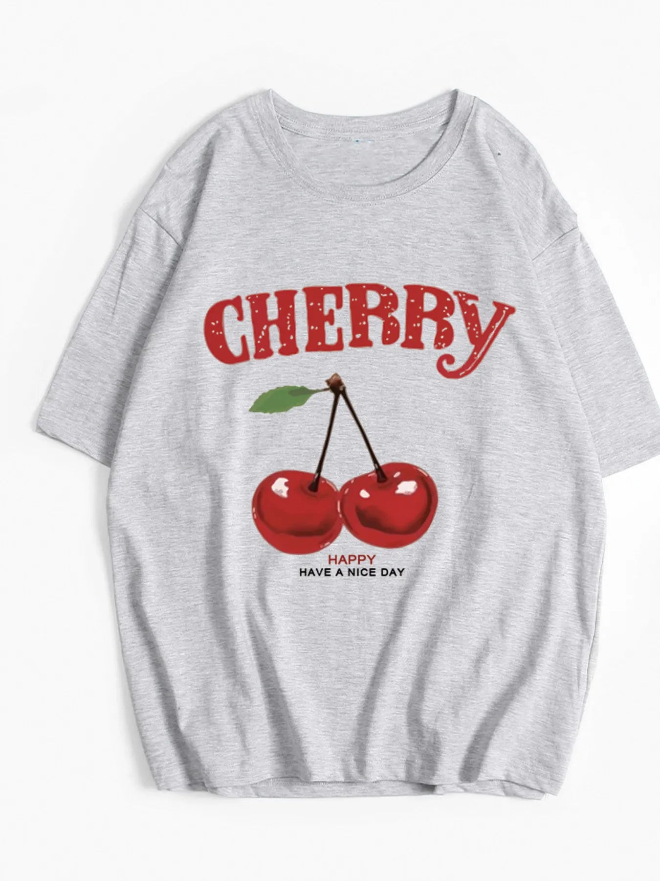 Plus Size Cherry Graphic Round Neck Short Sleeve T-Shirt - Blushé Belle