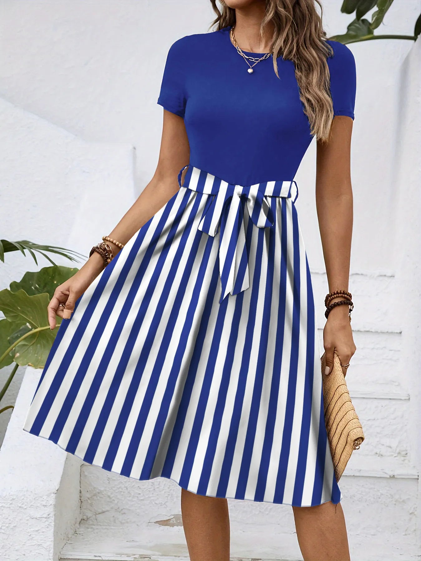 Striped Round Neck Short Sleeve Dress - Blushé Belle