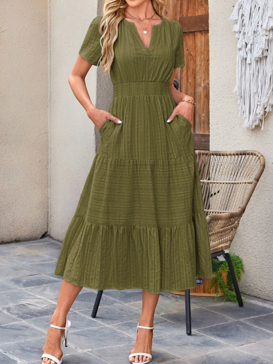 Tiered Notched Short Sleeve Dress - Blushé Belle
