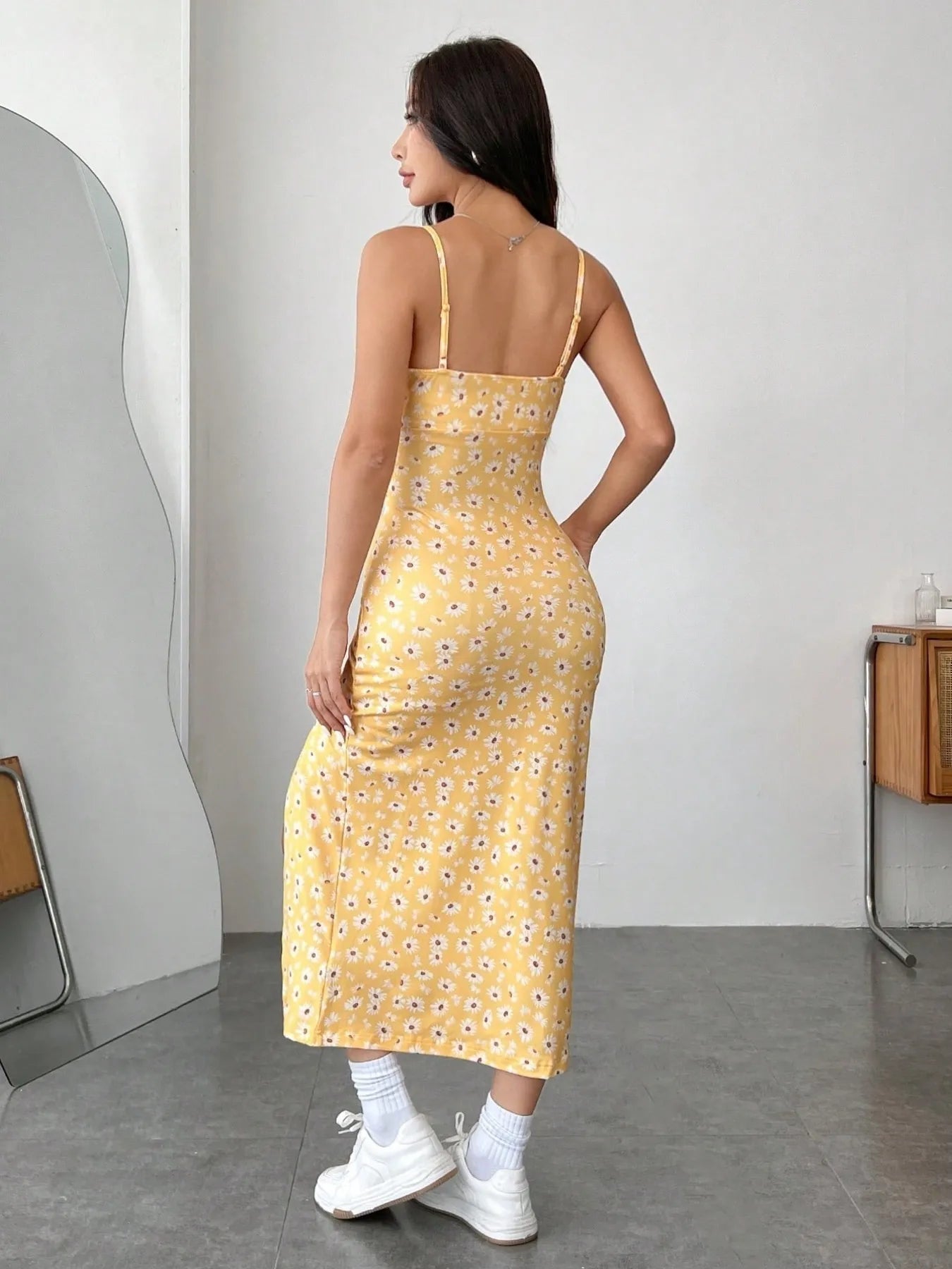 Daisy Print Cami Midi Dress with Slit - Blushé Belle
