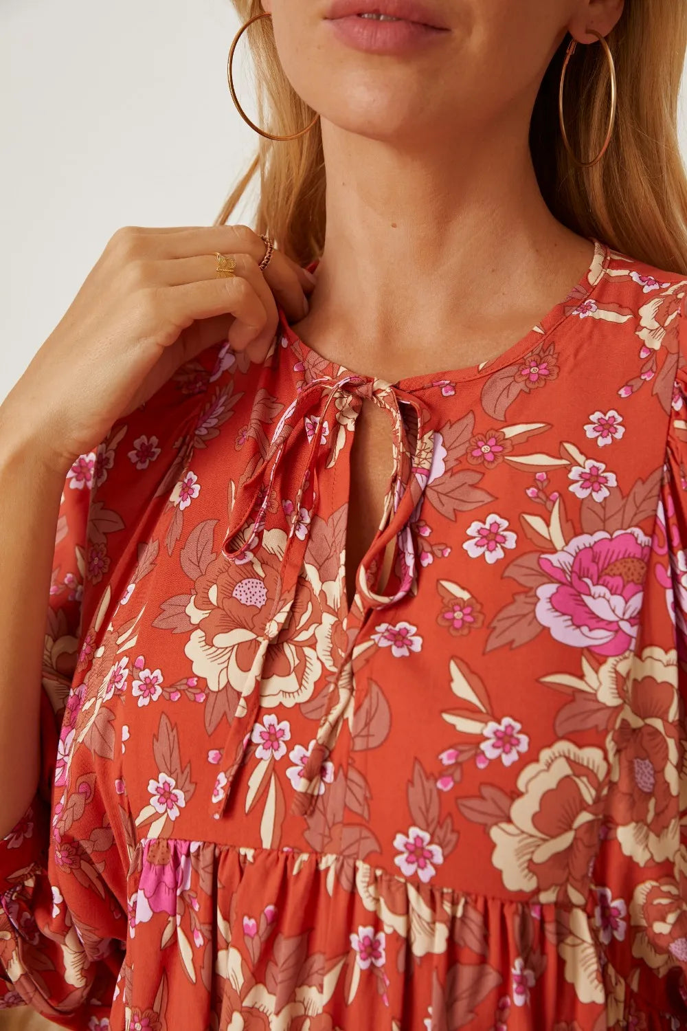 Floral Tie Neck Half Sleeve Dress - Blushé Belle