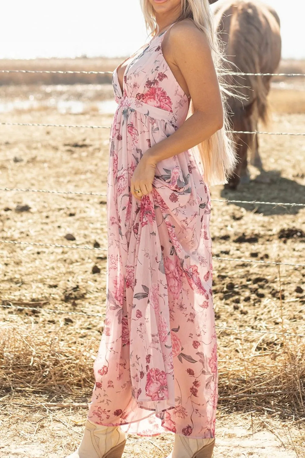Floral Pleated Deep V Backless Maxi Dress - Blushé Belle