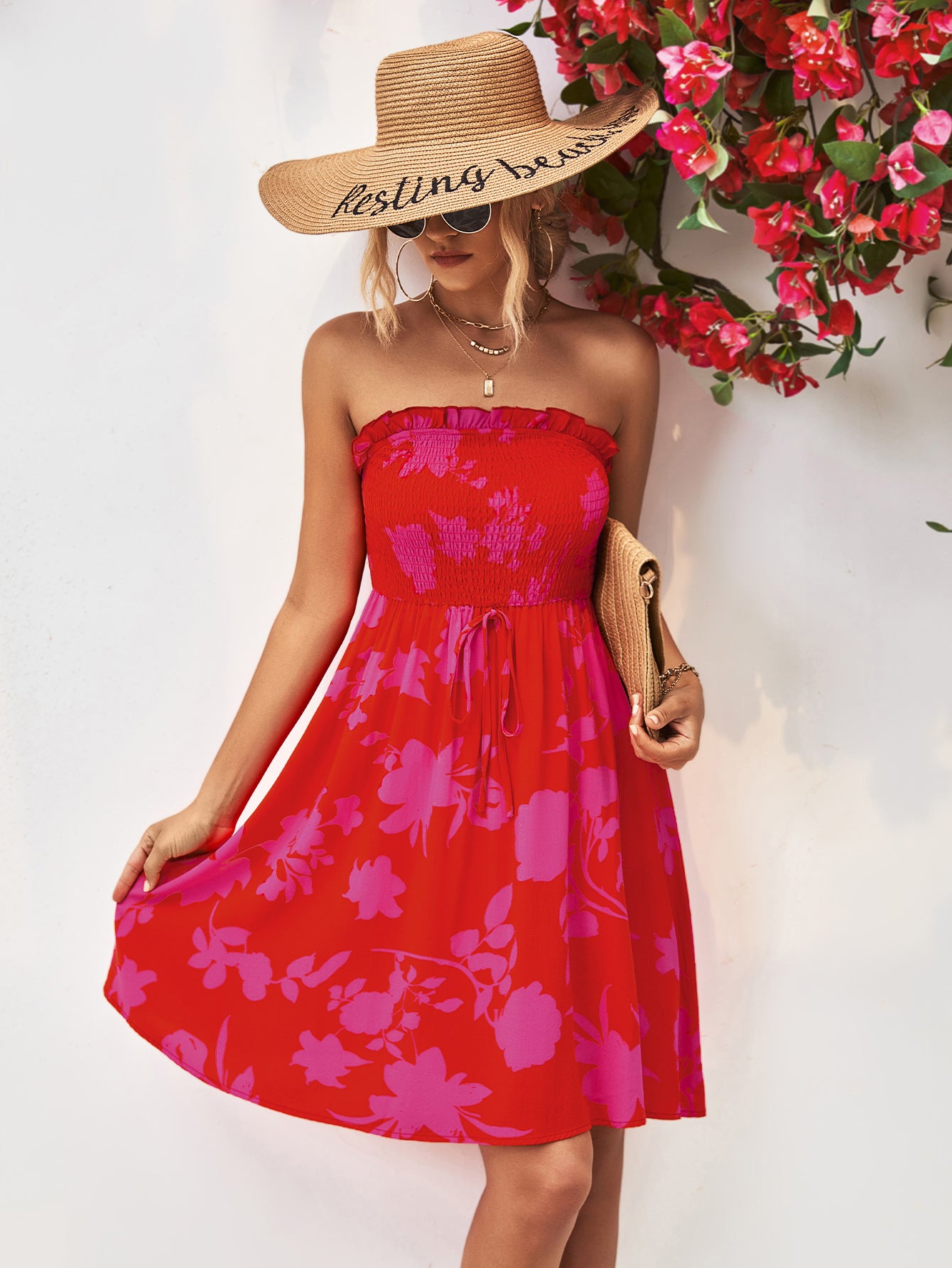 Floral Frill Trim Strapless Smocked Dress - Blushé Belle