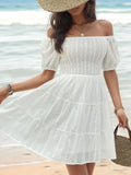 Perfee Smocked Eyelet Off-Shoulder Mini Dress - Blushé Belle