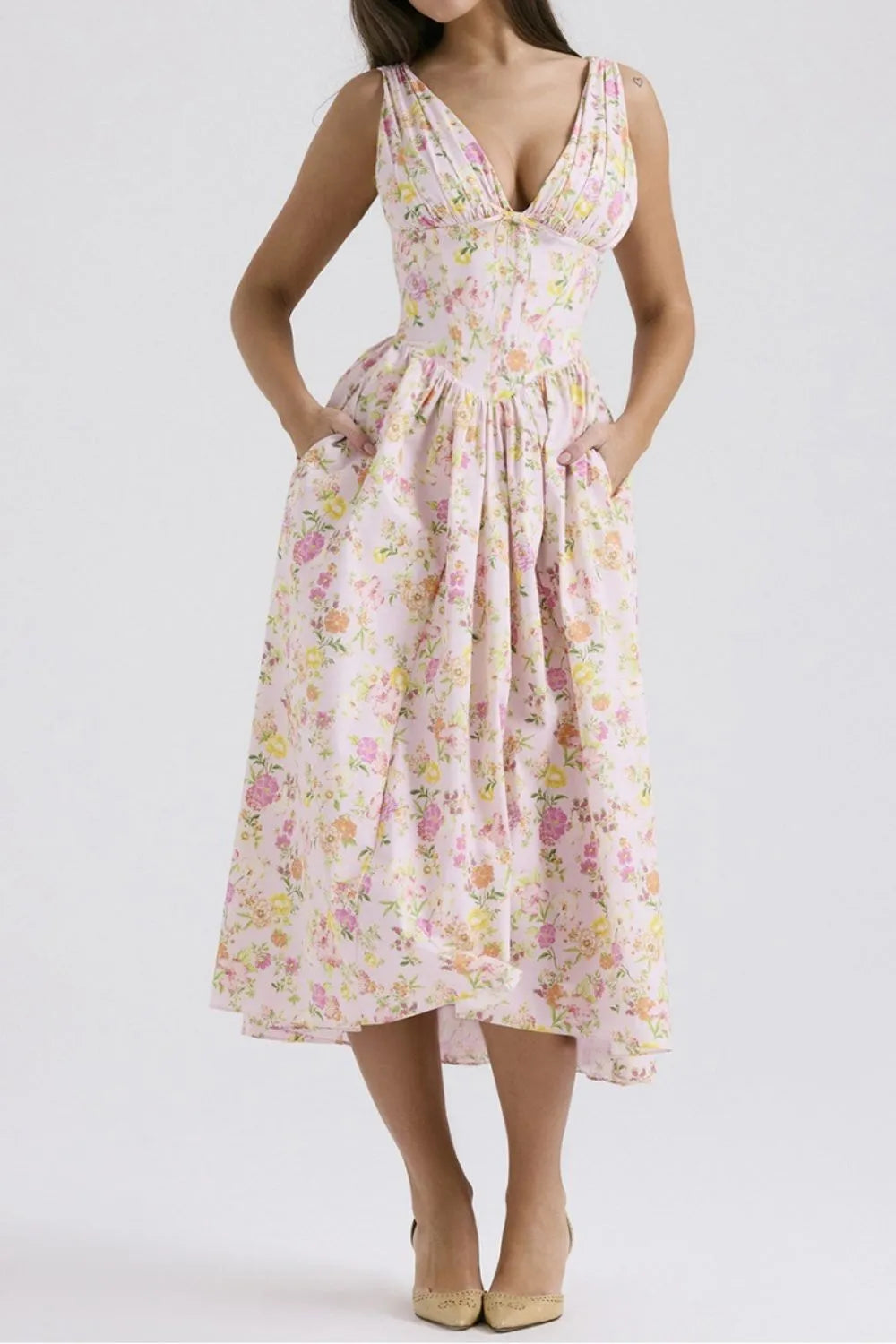 Floral V-Neck Sleeveless Midi Dress with Pockets - Blushé Belle
