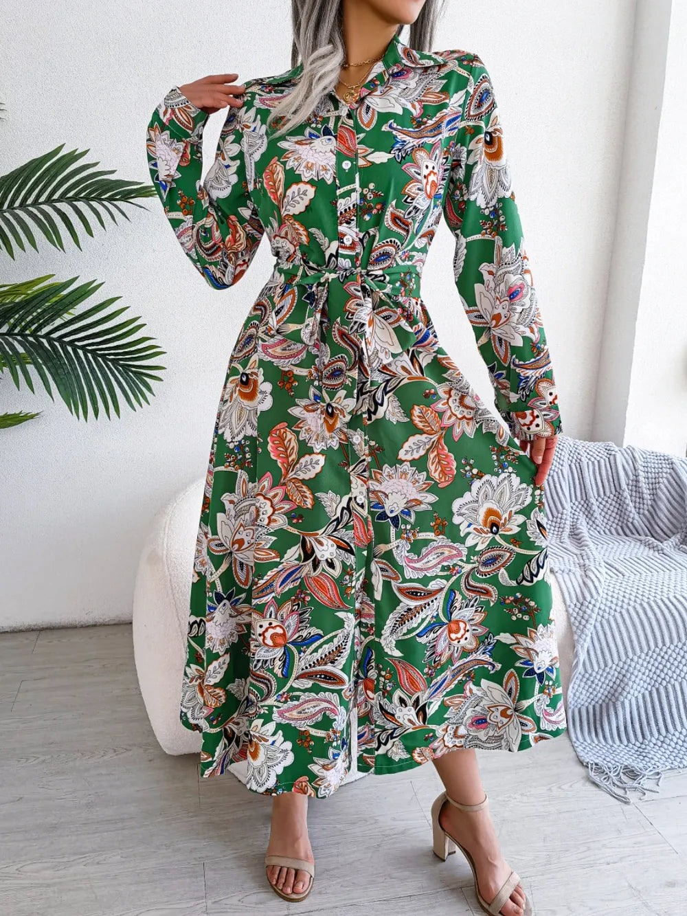 Tied Printed Long Sleeve Midi Dress - Blushé Belle
