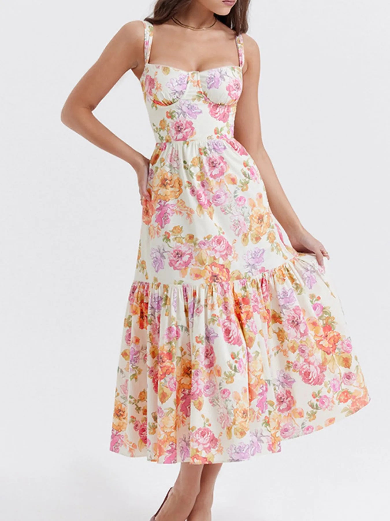 Floral Print Sweetheart Neck Midi Dress - Blushé Belle