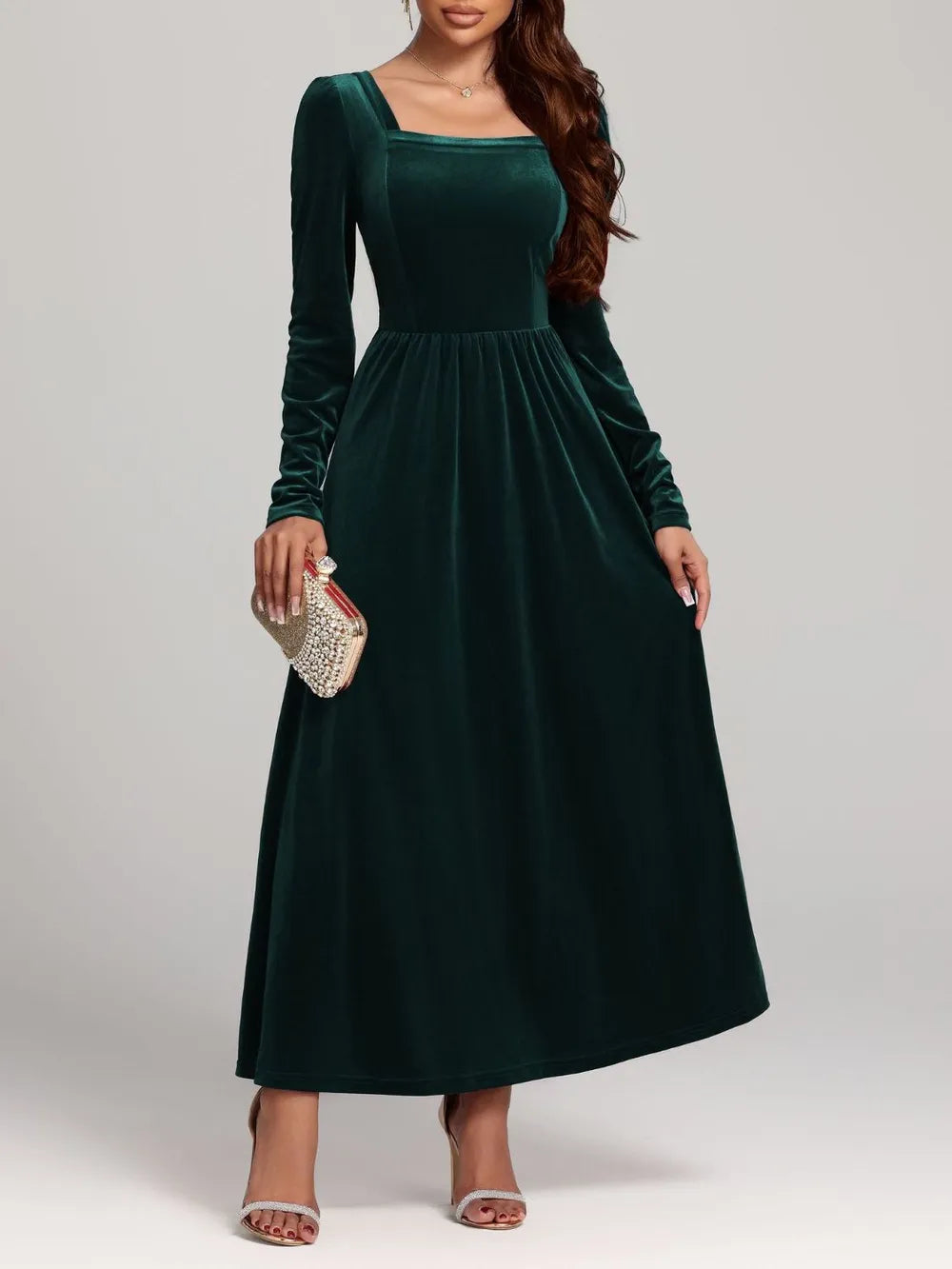 Velvet Square Neck Long Sleeve Dress - Blushé Belle