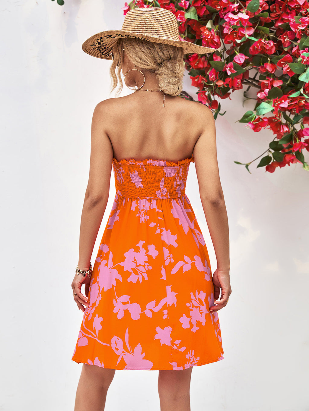 Floral Frill Trim Strapless Smocked Dress - Blushé Belle