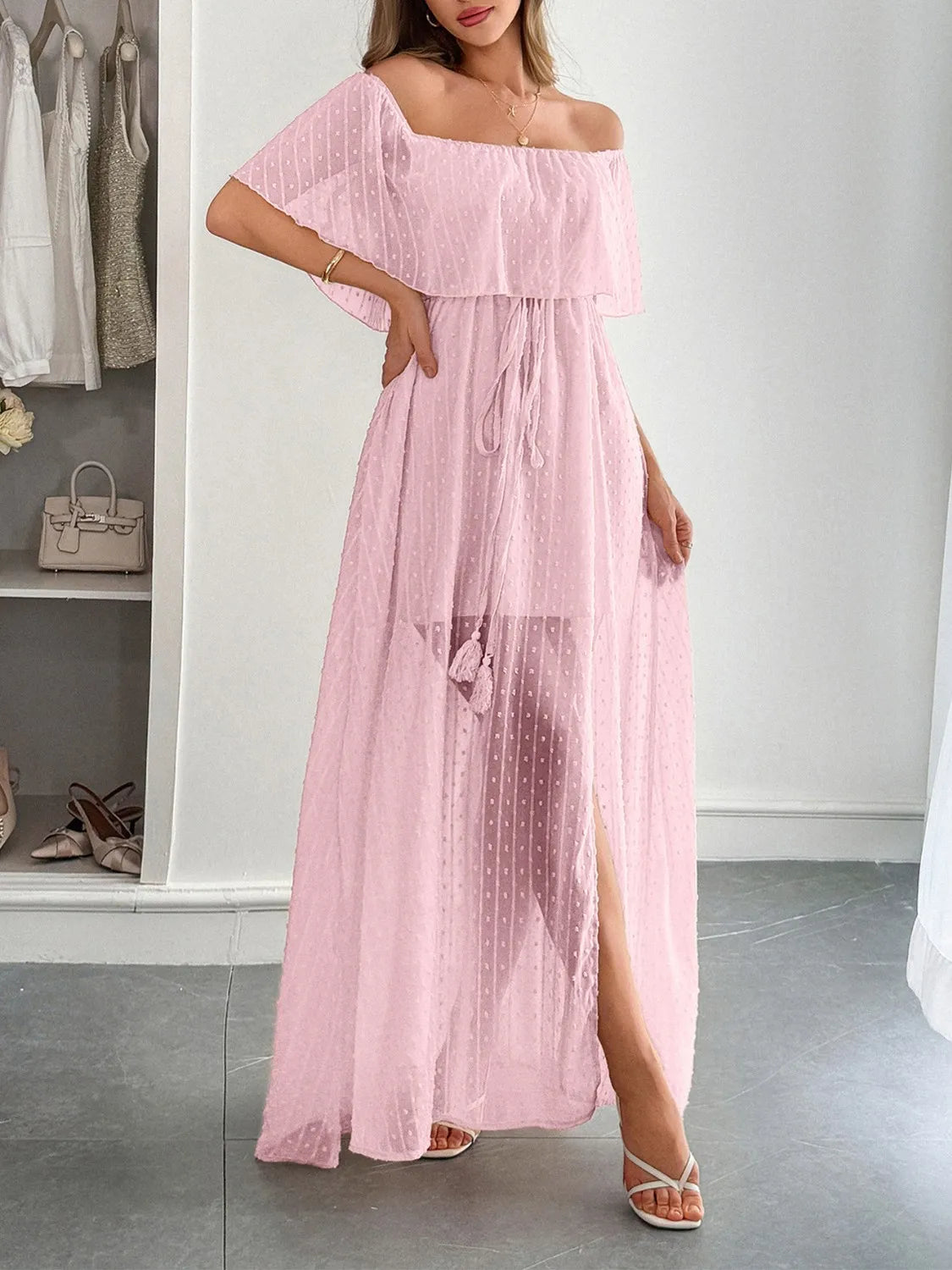 Swiss Dot Off Shoulder Maxi Dress - Blushé Belle