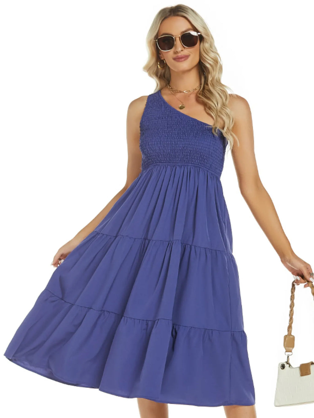 One-Shoulder Tiered Midi Dress with Smocked Bodice - Blushé Belle