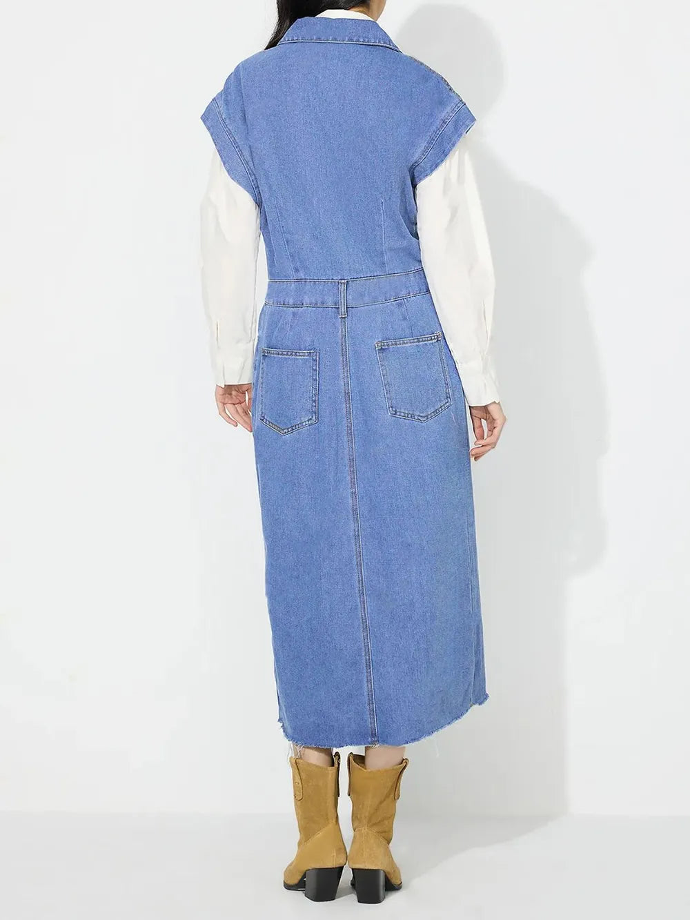 Slit Half Button Collared Neck Cap Sleeve Denim Dress - Blushé Belle