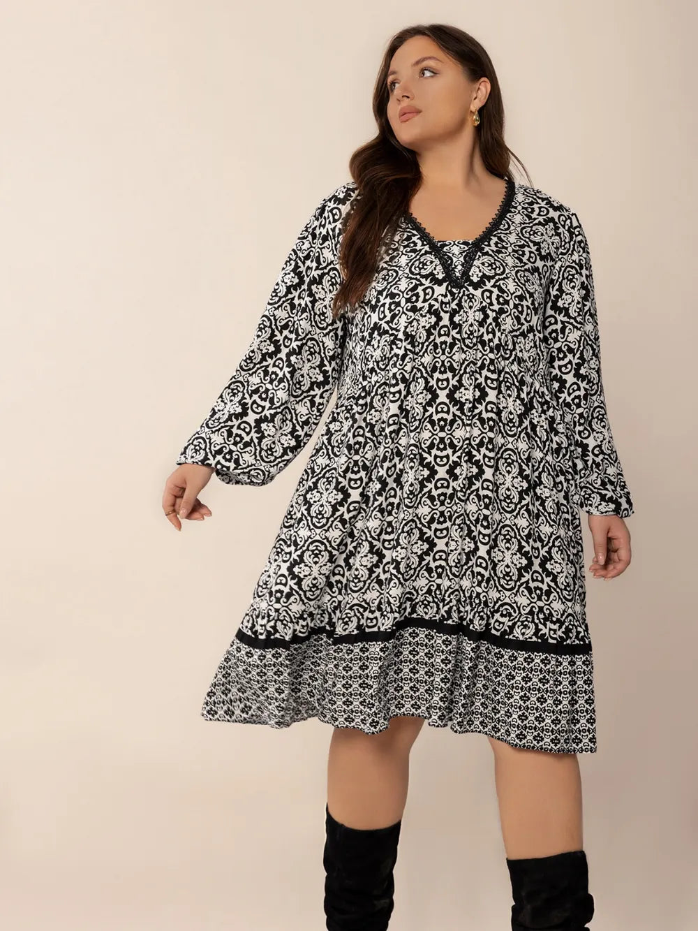 Plus Size Lace Detail Printed Balloon Sleeve Dress - Blushé Belle