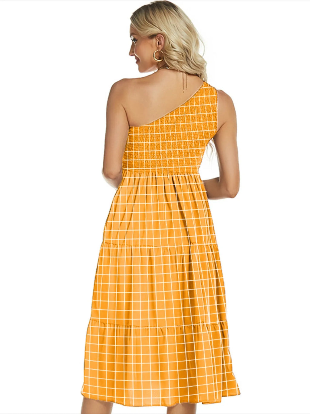 One-Shoulder Tiered Midi Dress with Smocked Bodice - Blushé Belle