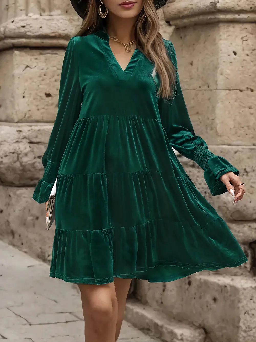 Perfee Notched Long Sleeve Tiered Dress - Blushé Belle
