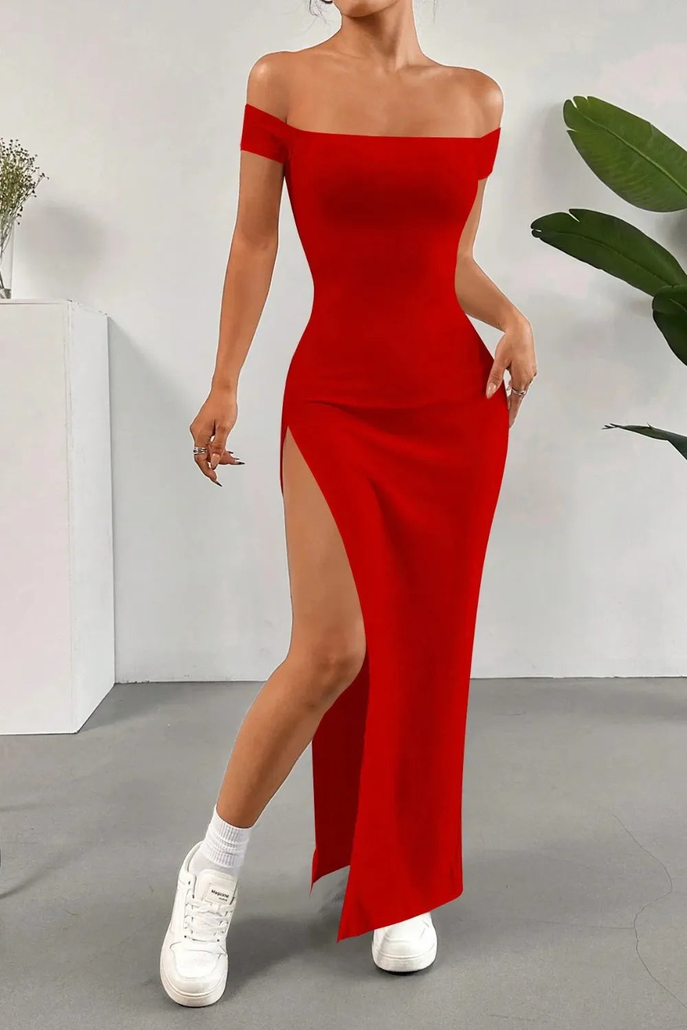 Off Shoulder Slit Maxi Dress - Blushé Belle