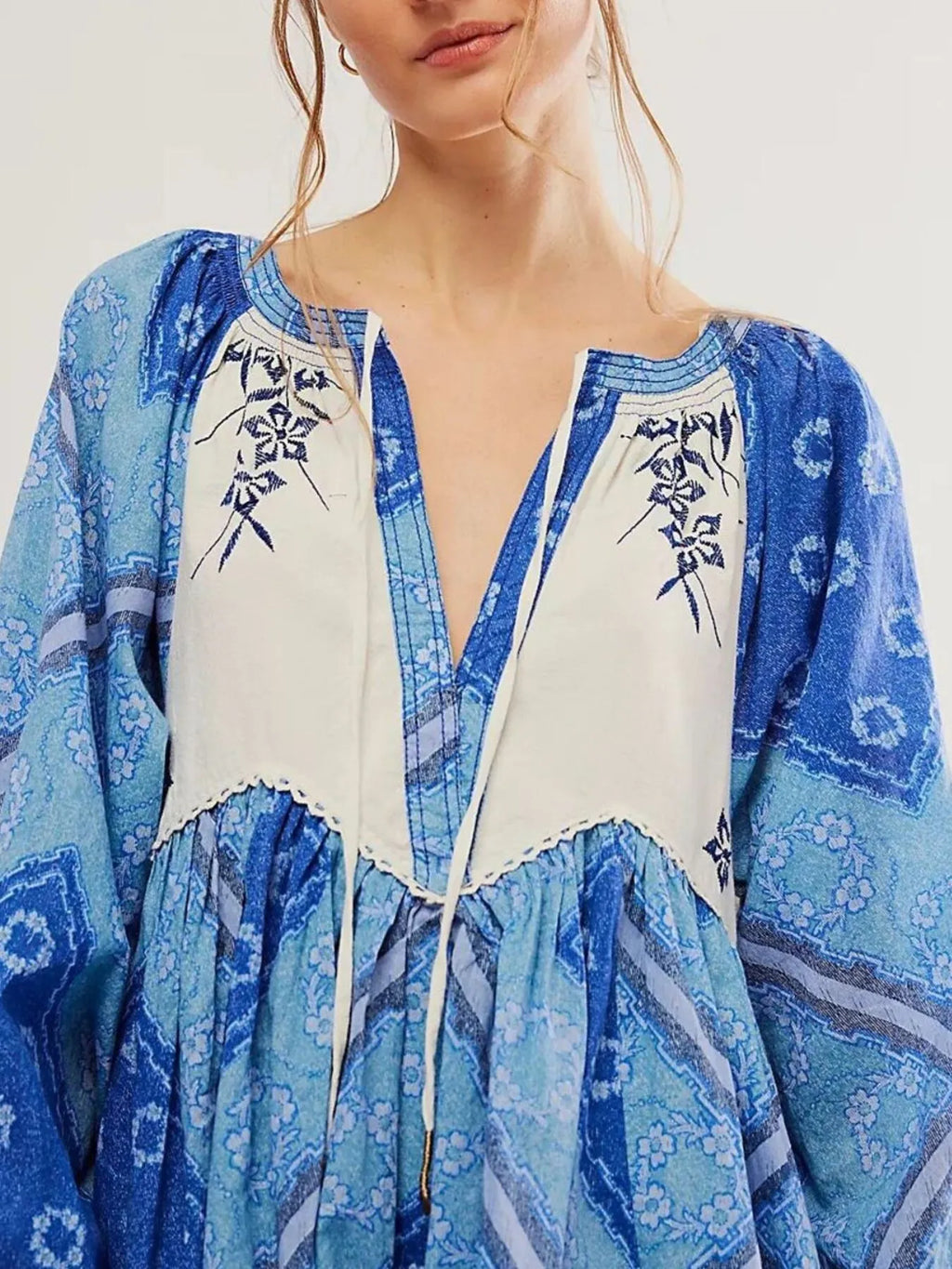 Printed Tie Neck Long Sleeve Dress - Blushé Belle