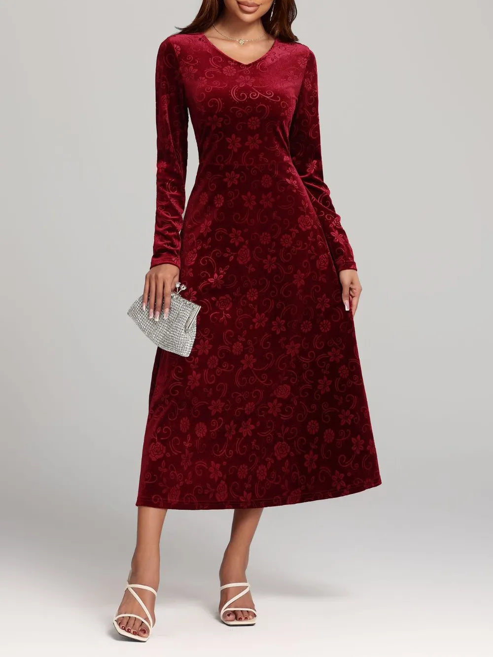Flower Print V-Neck Long Sleeve Midi Dress - Blushé Belle