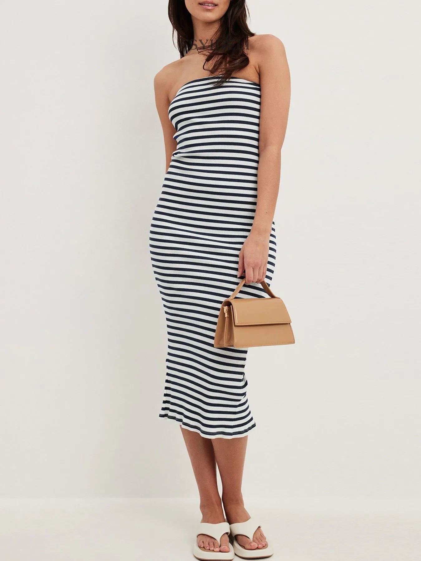 Slit Back Striped Strapless Bodycon Midi Dress - Blushé Belle