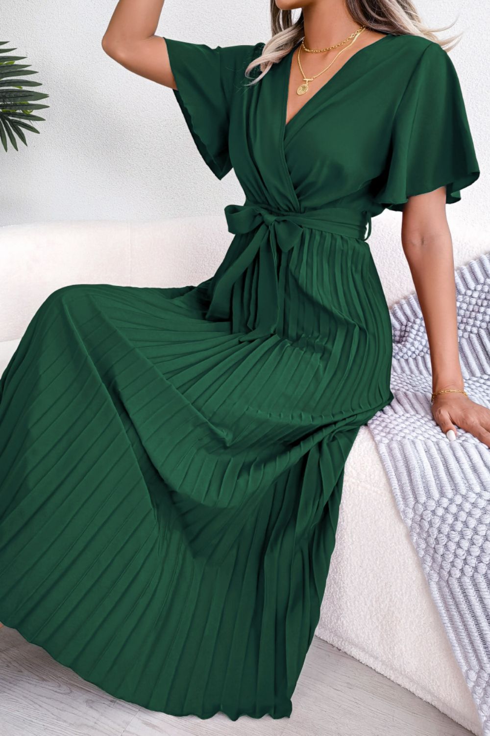 Pleated Flutter Sleeve Belted Dress - Blushé Belle