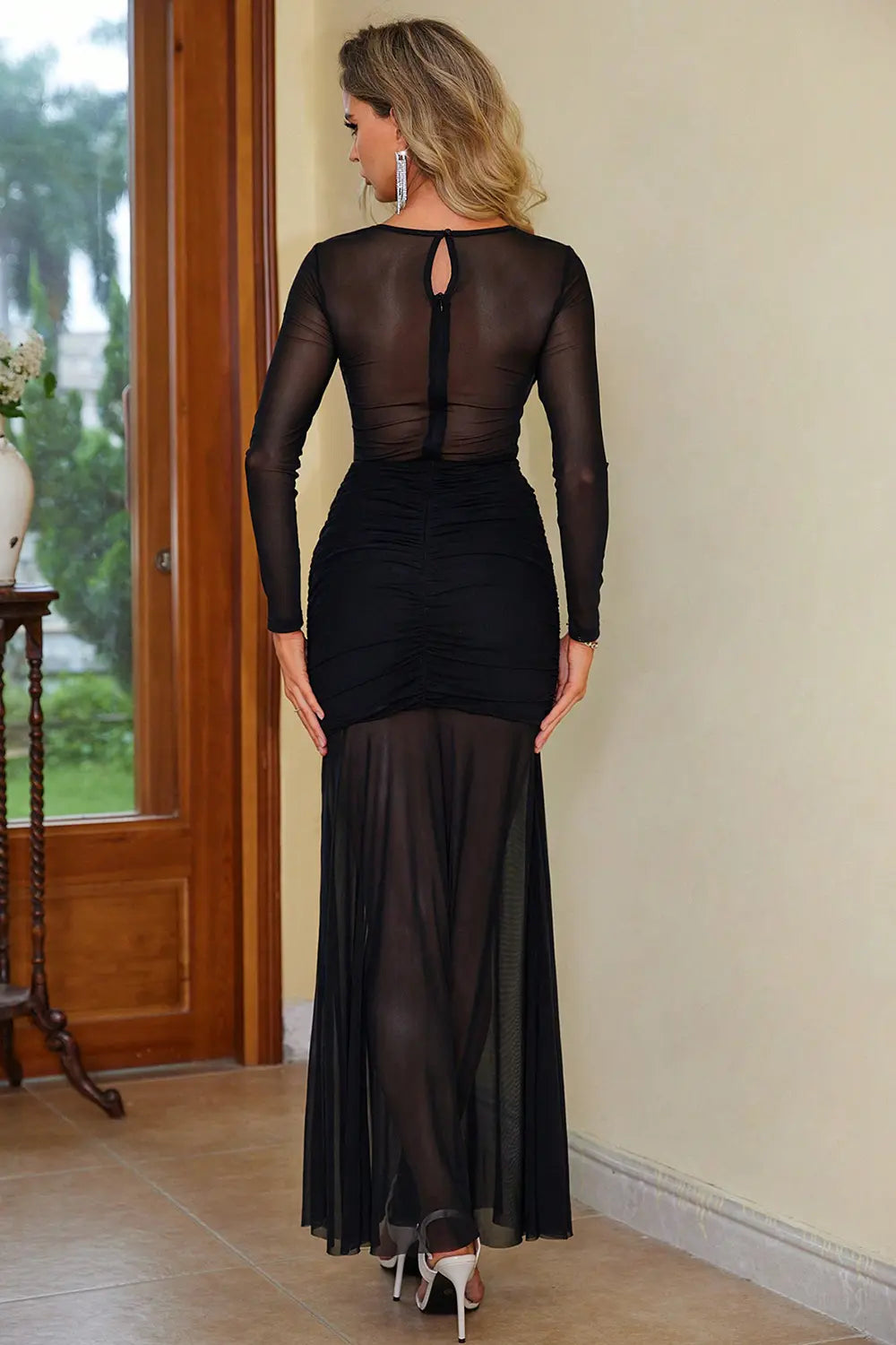 Semi-Sheer Slit Round Neck Dress - Blushé Belle