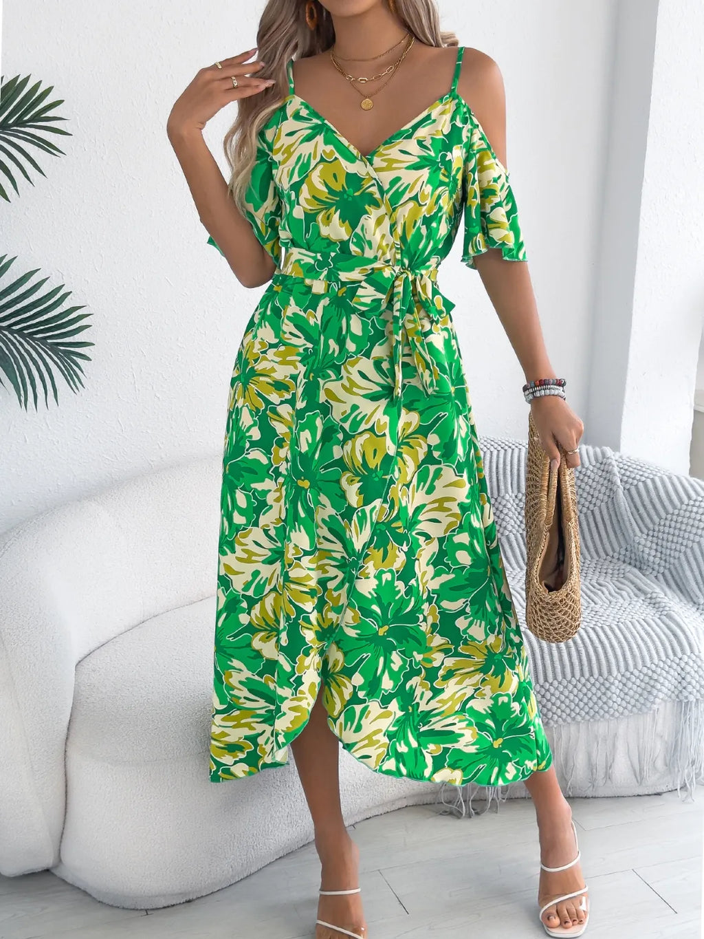Printed Cold Shoulder Midi Cami Dress - Blushé Belle