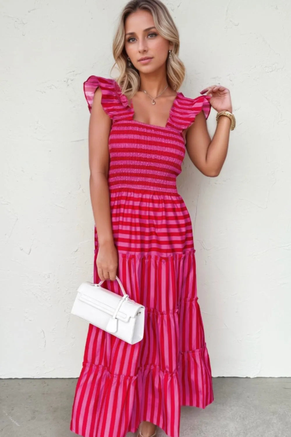 Stripe Flutter Sleeve Smocked Bodice Tiered Maxi Dress - Blushé Belle