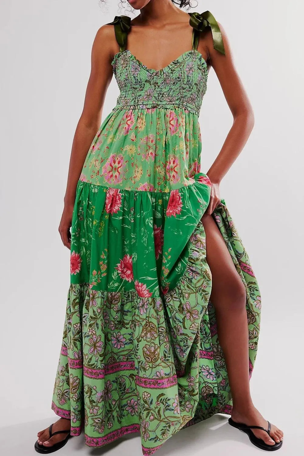 Floral Tiered Maxi Dress with Mixed Print Design - Blushé Belle