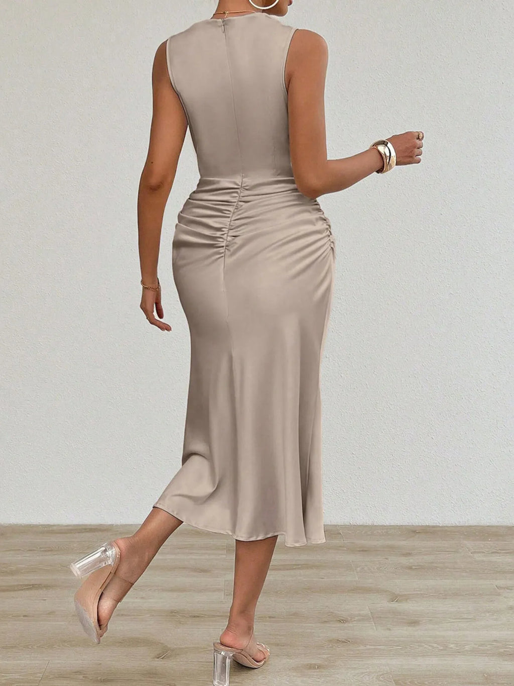 Ruched Round Neck Sleeveless Midi Dress - Blushé Belle