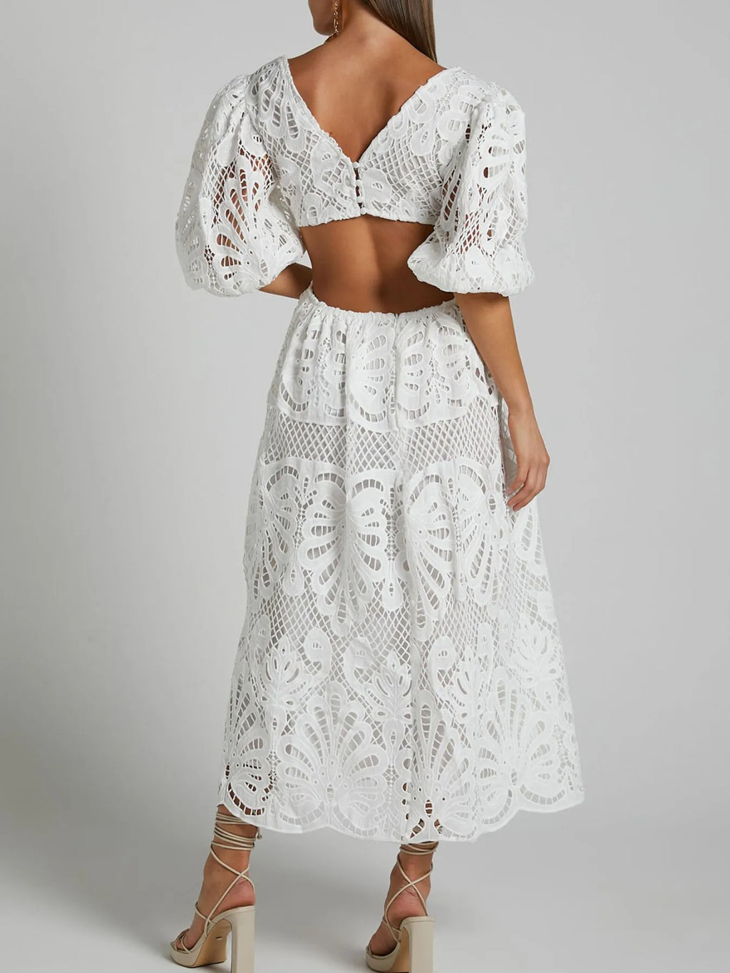 Cutout Back Lace Crochet V-Neck Dress - Blushé Belle