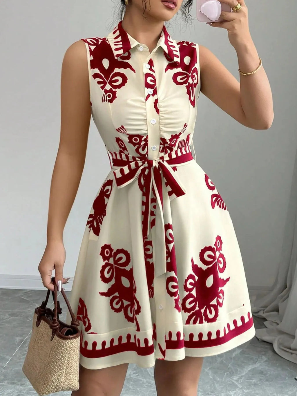 Printed Sleeveless Tie Waist Mini Dress - Blushé Belle