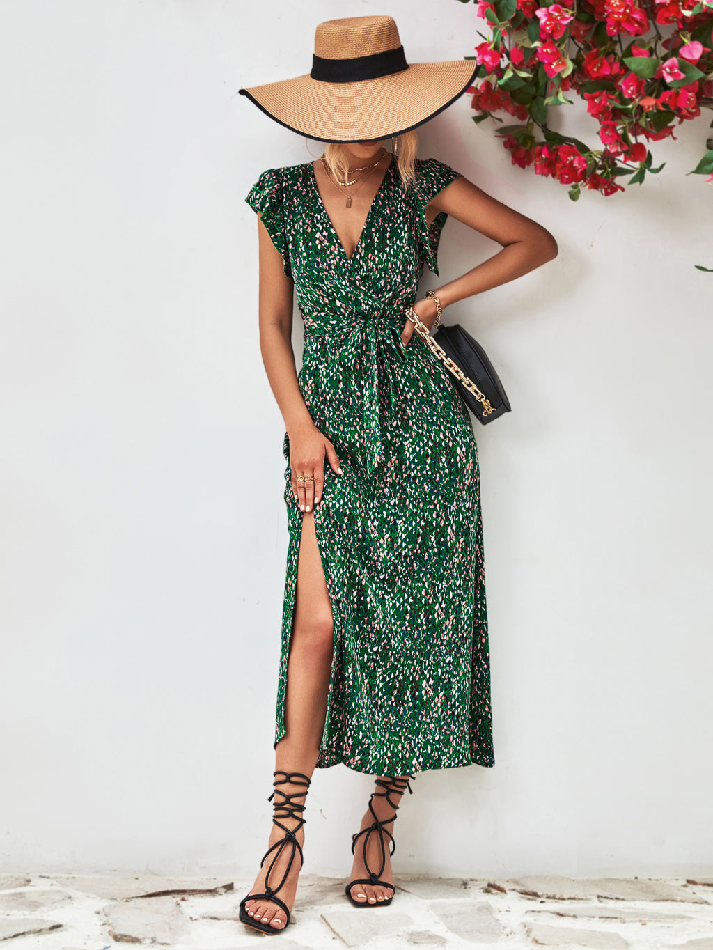 Printed Surplice Neck Flutter Sleeve Slit Dress - Blushé Belle