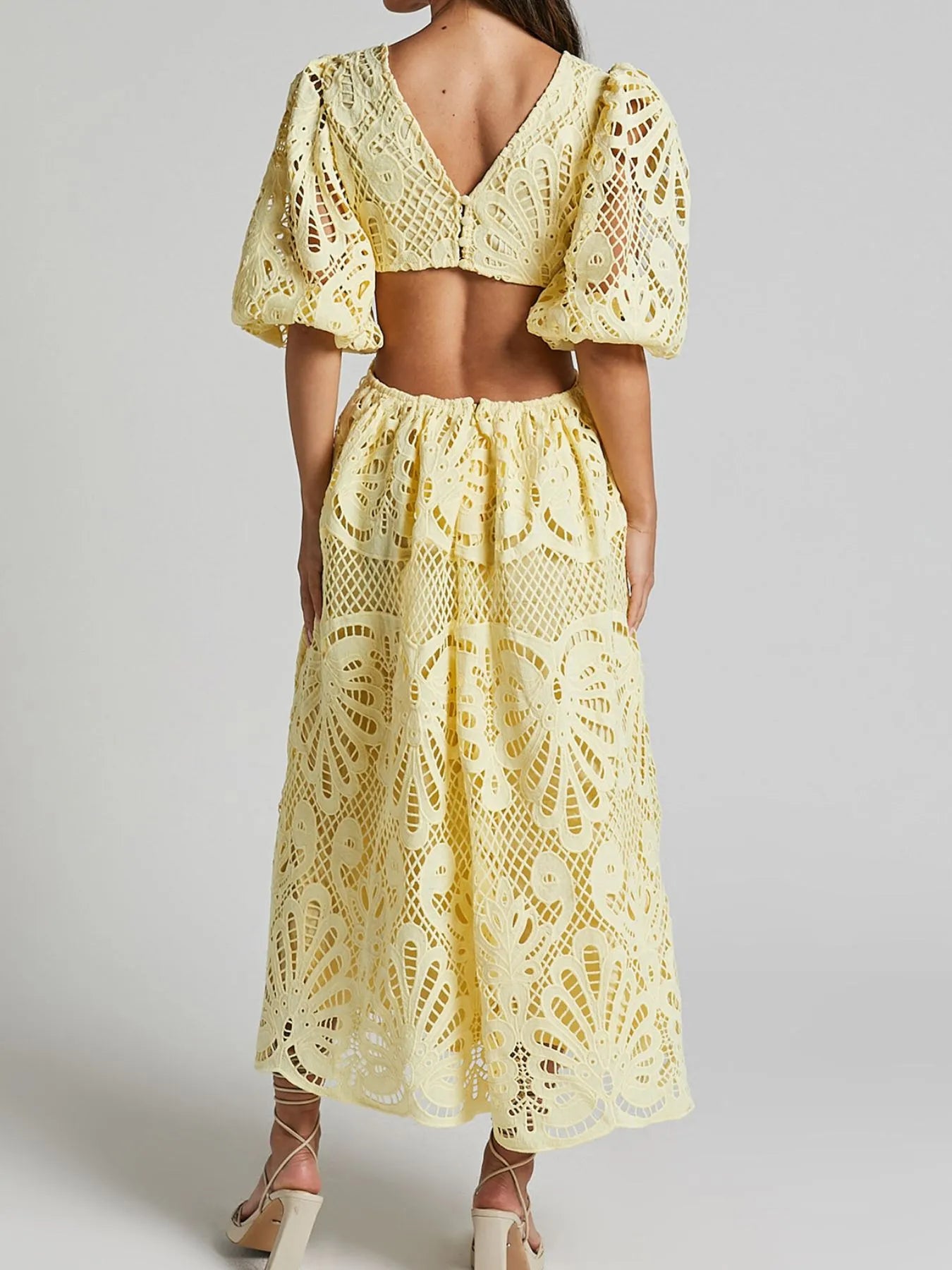 Cutout Back Lace Crochet V-Neck Dress - Blushé Belle