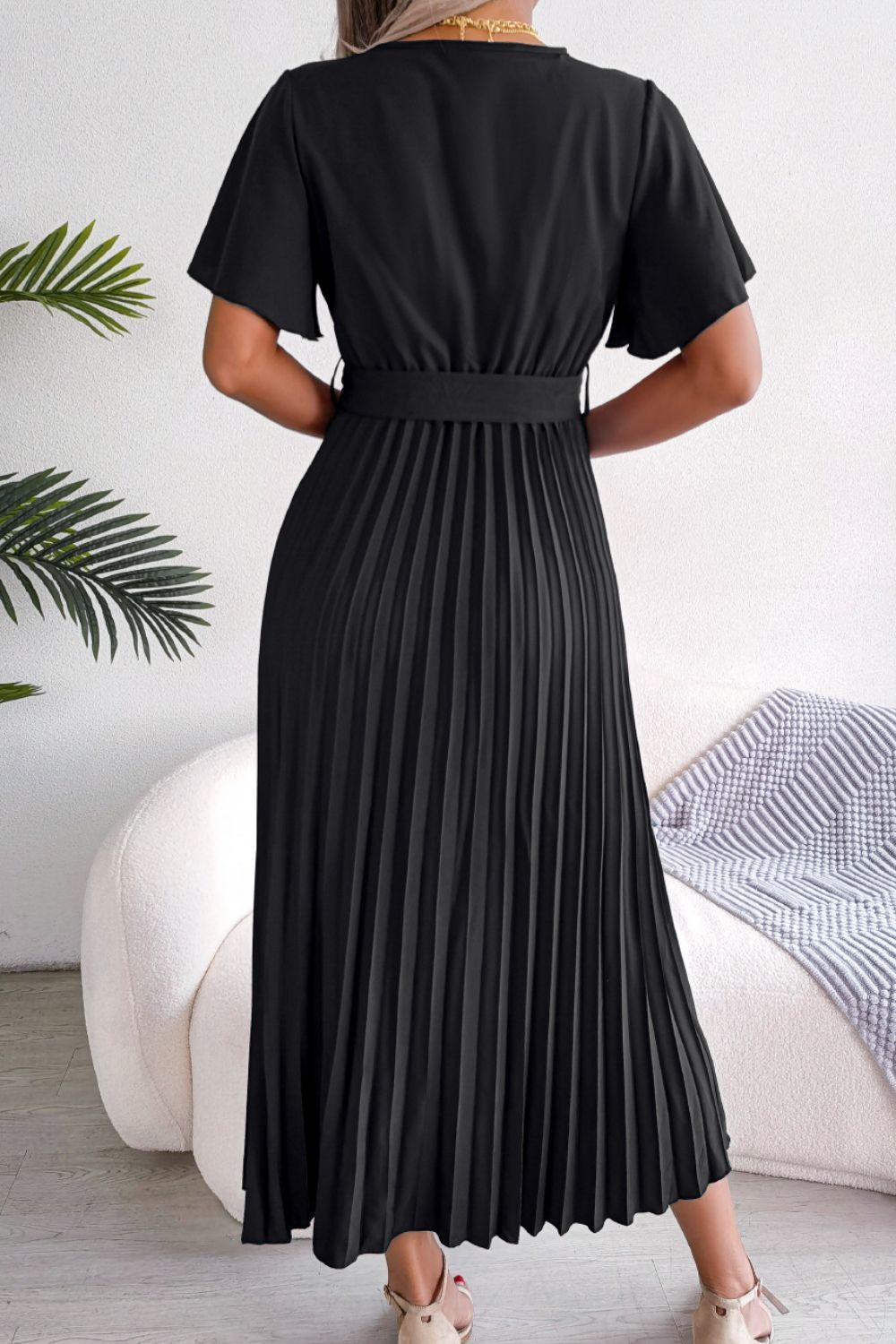 Pleated Flutter Sleeve Belted Dress - Blushé Belle
