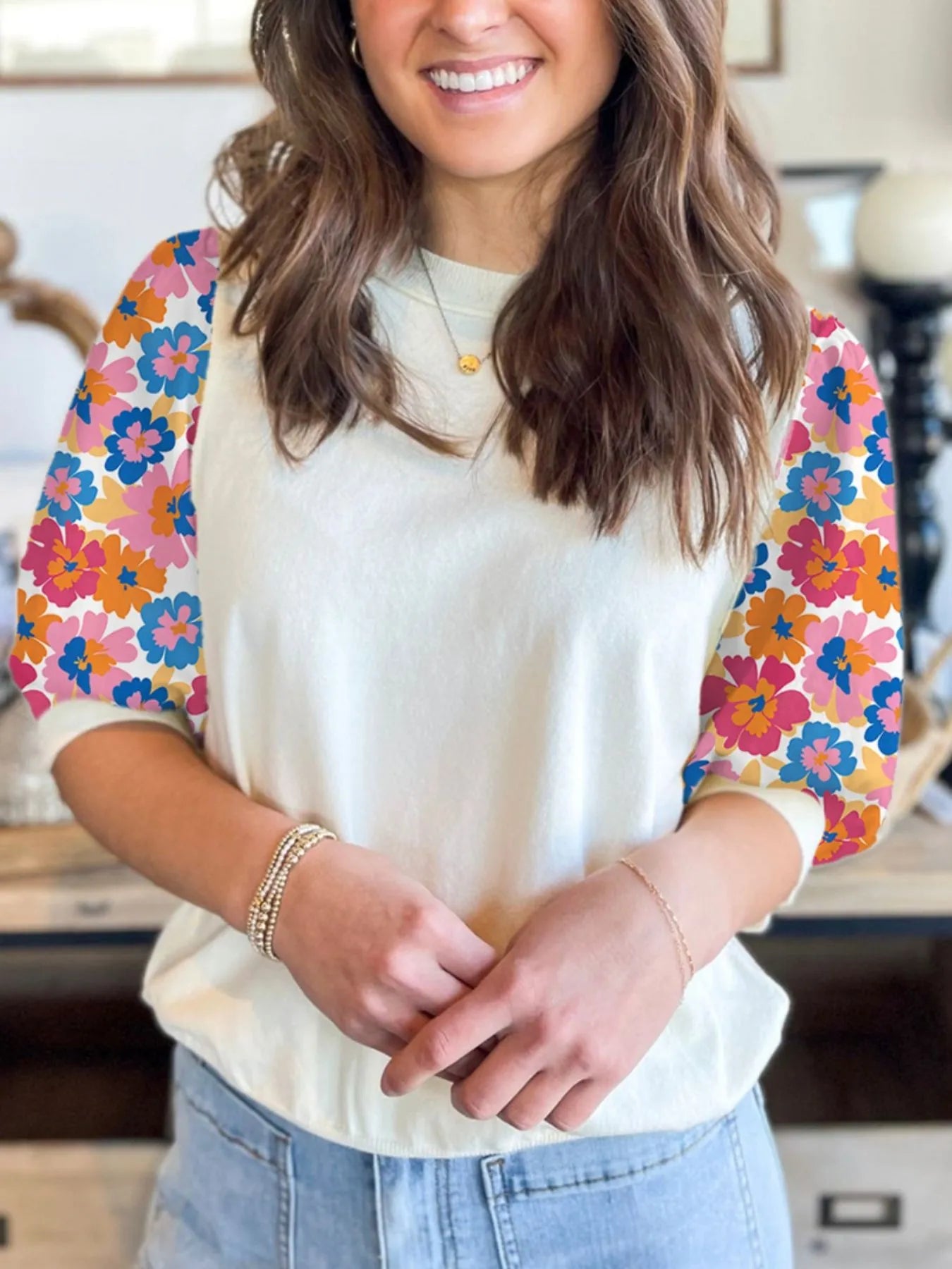 Floral Puff Sleeve Round Neck T-Shirt - Blushé Belle