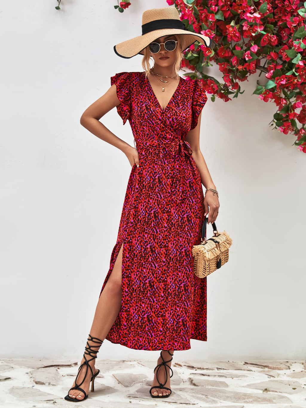 Printed Surplice Neck Flutter Sleeve Slit Dress - Blushé Belle